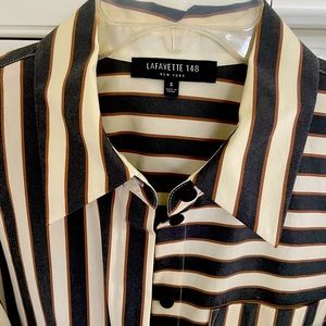 Crisp grey cream stripe belted Lafayette 148 dress! Worn once.